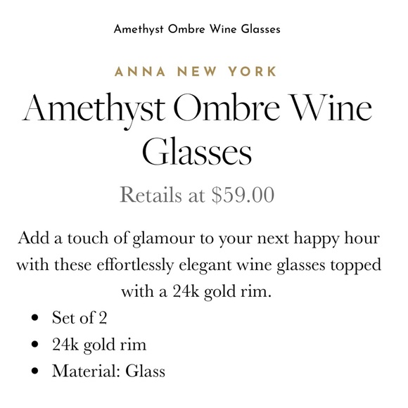 NWT ANNA New York Amethyst Ombre Stemless 24K Gold Rim Wine Glasses Set of 2 NIB - Picture 3 of 5